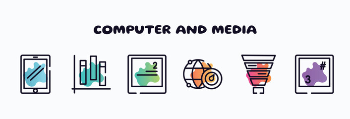 Poster - computer and media outline icons set. thin line icons such as touch of screen, chart of columns, keyboard key with number 2, internet connection speed, funnel chart, number 3 key on keyboard icon