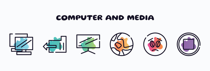 Poster - computer and media outline icons set. thin line icons such as notebook double tool image, export folder, flatscreen tv, map, frown emot, media stop button icon collection. can be used web and