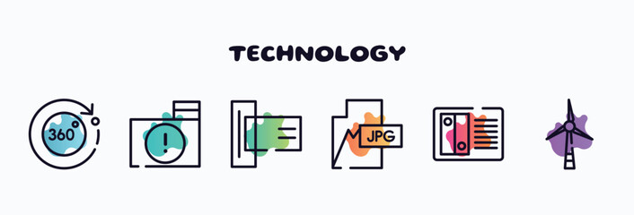 Poster - technology outline icons set. thin line icons such as 360 degrees, infected folder, card reader, jpg, nas, wind turbine icon collection. can be used web and mobile.