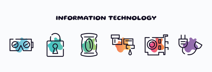 Poster - information technology outline icons set. thin line icons such as virtual reality, security breach, pack, pipe, vga card, power cable icon collection. can be used web and mobile.