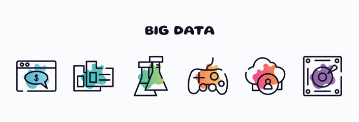 Poster - big data outline icons set. thin line icons such as web payment, case data, flasks, controler, cloud user, harddisk icon collection. can be used web and mobile.