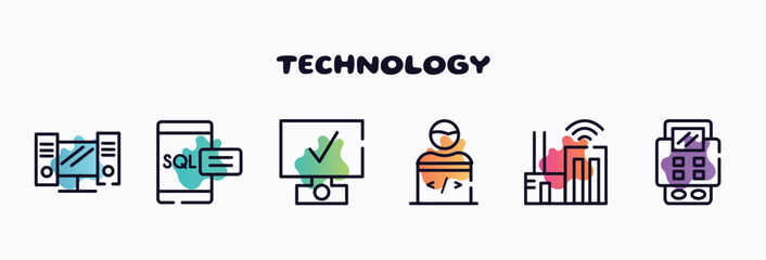 Poster - technology outline icons set. thin line icons such as workstation, sql, deployment, programmer, smar