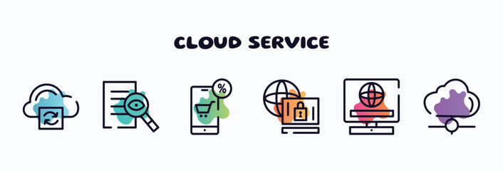 Poster - cloud service outline icons set. thin line icons such as cloud processing, investigation, mobile shop, remote access, on, cloud network icon collection. can be used web and mobile.