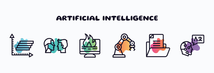 Poster - artificial intelligence outline icons set. thin line icons such as frequency graph, turing test, data loss, mechanical arm, document file, translation icon collection. can be used web and mobile.