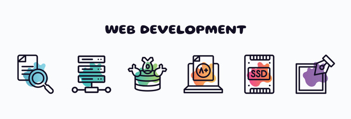 Poster - web development outline icons set. thin line icons such as search file, web hosting, ddos, grades, ssd, edit tool icon collection. can be used web and mobile.