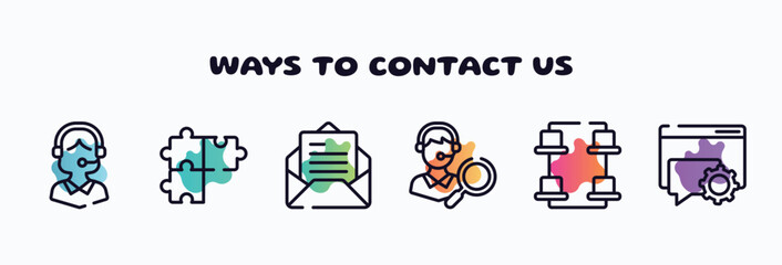 Poster - ways to contact us outline icons set. thin line icons such as operator avatar, solving problems, open envelope, looking for a solution, desk organization, on icon collection. can be used web and
