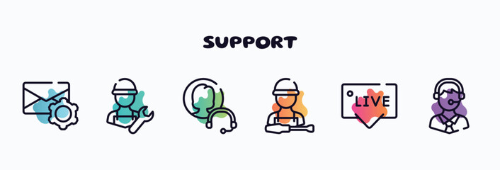 Aufkleber - support outline icons set. thin line icons such as email tings, repair expert, null, supporting user, live chat support, call centre icon collection. can be used web and mobile.