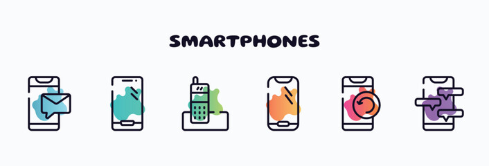 Poster - smartphones outline icons set. thin line icons such as message on phone, modern smartphone, long distance phone, round smartphone, phone with refresh arrows, chat icon collection. can be used web