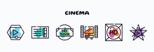 Cinema Outline Icons Set. Thin Line Icons Such As Movie Player, Prompt Box, Hd Movie, Home Cinema, Hd, Film Star Icon Collection. Can Be Used Web And Mobile.