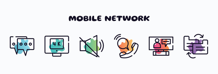 Poster - mobile network outline icons set. thin line icons such as on, 4k, muted, voip, on, file transfer icon collection. can be used web and mobile.