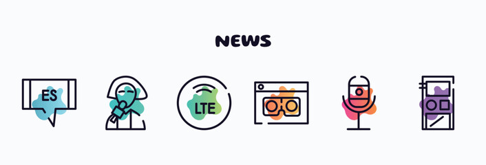 Poster - news outline icons set. thin line icons such as spanish language, reporter, lte, scammer, recorder, audio recorder icon collection. can be used web and mobile.