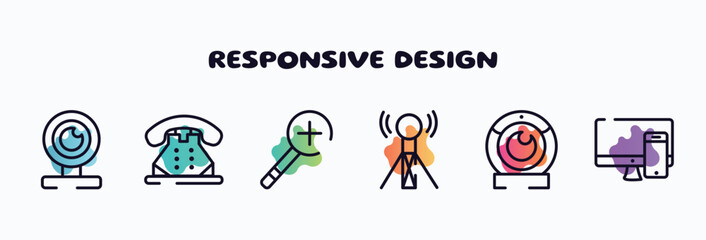 Poster - responsive design outline icons set. thin line icons such as webcam, telephone of old de, zooming, wireless connectivity, web camera, responsive de icon collection. can be used web and mobile.