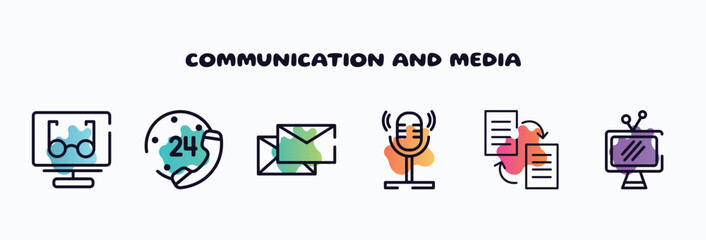 Poster - communication and media outline icons set. thin line icons such as reading mode, telephone, letters, voice recorder, transfer data, televisions icon collection. can be used web and mobile.