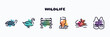 wildlife outline icons set. thin line icons such as tortoise, swan, bench, veterinarian, sun, waistcoat icon collection. can be used web and mobile.
