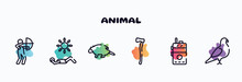 Animal Outline Icons Set. Thin Line Icons Such As Hunter, Sunba, Porcupine, Axe, Walkie Talkie, Pigeon Icon Collection. Can Be Used Web And Mobile.