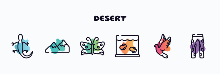 Wall Mural - desert outline icons set. thin line icons such as lizard, mountains, butterflies, aquarium, dove, fatigue icon collection. can be used web and mobile.