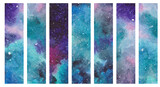 Fototapeta  - Watercolor bookmarks with space illustrations. Beautiful watercolor cosmos. Collection of hand drawn bookmarks or banners