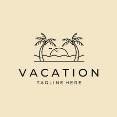 Poster - resort line art logo with beach and coconut palms view