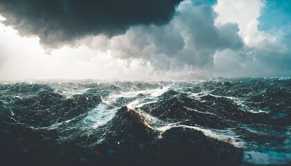 Spectacular background image of stormy ocean with rough and danger wave. Dark sky and cloudy. Digital art 3D illustration.