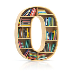 Poster - Number 0 zero in form of bookshelf with book and texbooks. Educational and learning conceptual font and alphabet.
