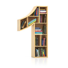 Poster - Number 1 one  in form of bookshelf with book and texbooks. Educational and learning conceptual font and alphabet.