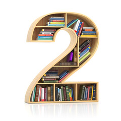 Poster - Number 2 two in form of bookshelf with book and texbooks. Educational and learning conceptual font and alphabet.