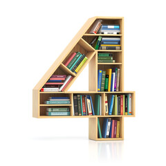 Poster - Number 4 four in form of bookshelf with book and texbooks. Educational and learning conceptual font and alphabet.