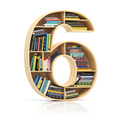 Poster - Number 6 six in form of bookshelf with book and texbooks. Educational and learning conceptual font and alphabet.