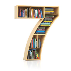 Poster - Number 7 seven in form of bookshelf with book and texbooks. Educational and learning conceptual font and alphabet.