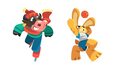 Wall Mural - Animals doing sports set. Rabbit and bull characters skating and playing volleyball. Fitness and healthy lifestyle vector illustration