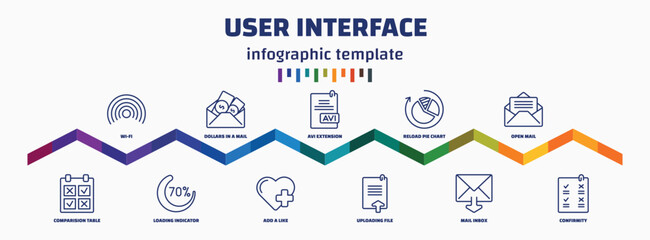 Poster - infographic template with icons and 11 options or steps. infographic for user interface concept. included wi-fi, comparision table, dollars in a mail, loading indicator, avi extension, add a like,