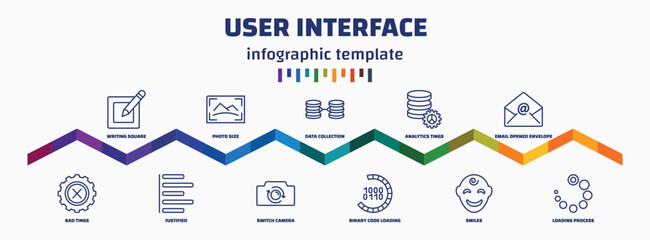 Poster - infographic template with icons and 11 options or steps. infographic for user interface concept. included writing square, bad tings, photo size, justified, data collection, switch camera, analytics