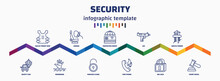 Infographic Template With Icons And 11 Options Or Steps. Infographic For Security Concept. Included Bullet Proof Vest, Safety Car, Airbag, Drowning, Protected Credit Card, Padlock Close, Uzi, Fire