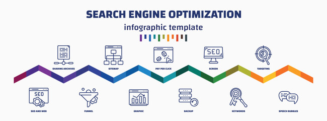 Poster - infographic template with icons and 11 options or steps. infographic for search engine optimization concept. included sharing archives, seo and web, sitemap, funnel, pay per click, graphic, screen,