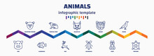 Infographic Template With Icons And 11 Options Or Steps. Infographic For Animals Concept. Included Philippine Tarsier, Hog, Tropical Frop, Clownfish, Pallas Cat, Roe, Jaguar, Cockroach, Raven,