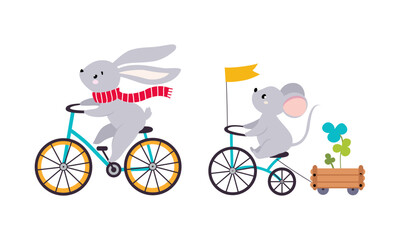 Wall Mural - Cute baby animals enjoying ride. Funny bunny and mouse riding bikes cartoon vector illustration