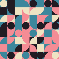 Aufkleber - Retro geometric aesthetics. Bauhaus and avant-garde inspired vector background with abstract simple shapes like circle, square, semi circle. Colorful pattern in nostalgic pastel colors.