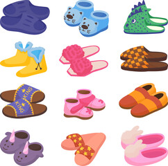 Wall Mural - Cartoon slippers for kid and adults. Women home shoes, fluffy footwear. Winter house cozy slipper, comfortable accessories neoteric vector clipart