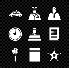 Set Police car and flasher, officer, Lawyer, attorney, jurist, Magnifying glass with search, Plastic bag ziplock, Hexagram sheriff, Clock and Prisoner icon. Vector