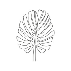 Poster - Monstera leaf drawn with one continuous line. Tropical palm leaf of monstera, one line drawing. Vector illustration.