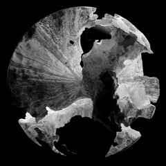 Wall Mural - 3d render of monochrome abstract art black and white damaged 3d ball planet earth , moon or asteroid in spherical shape with big crack in organic rough shape on surface on isolated black background
