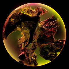 Wall Mural - 3d render of abstract art 3d glass ball or sphere planet with rough damaged and scratched rock surface with big cracks with glowing green and yellow light inside on isolated black background 