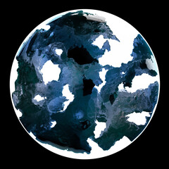 Wall Mural - 3d render of abstract art of surreal 3d ball or sphere planet with rough damaged broken stone rock metal surface with glowing white contrast light inside on isolated black background 