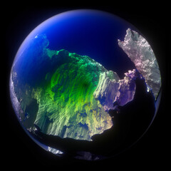 Wall Mural - 3d render of abstract art 3d ball or sphere planet with rough rock surface inside with big crack in the middle with glowing neon blue and green light inside on isolated black background 