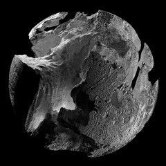 Wall Mural - 3d render of monochrome abstract art black and white damaged 3d ball planet earth , moon or asteroid in spherical shape with big crack in organic rough shape on surface on isolated black background