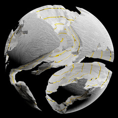 Wall Mural - 3d render of abstract art damaged 3d ball planet earth , moon or asteroid in spherical shape with big cracks in organic rough shape on surface with gold stripes on isolated black background