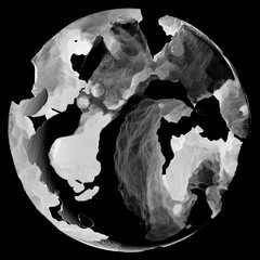 Wall Mural - 3d render of abstract art black and white damaged 3d ball planet earth , moon or asteroid in spherical shape with big crack in organic rough shape on surface on isolated black background