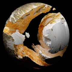 3d render of abstract art damaged 3d ball planet earth , moon or asteroid in spherical shape with big cracks in organic rough shape on surface with gold parts on isolated black background