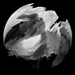 Wall Mural - 3d render of abstract art black and white damaged 3d ball planet earth , moon or asteroid in spherical shape with big crack in organic rough shape on surface on isolated black background