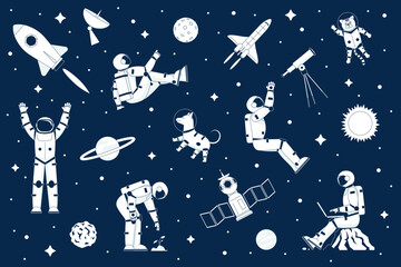 Wall Mural - space explorer set. dog and spaceship, astronauts and rockets. travel shuttle, planets and satellite